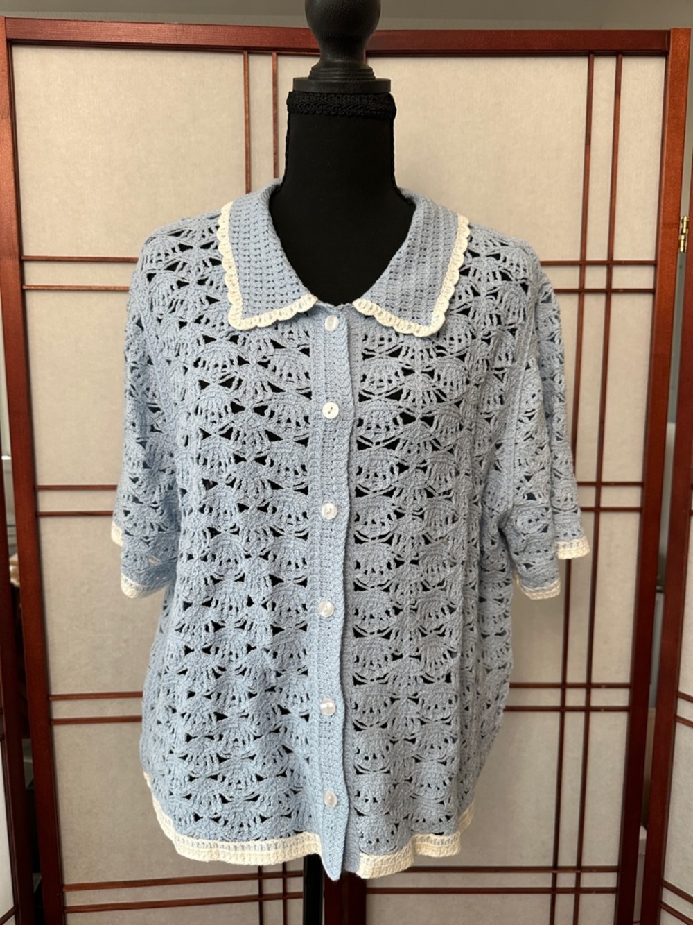 Ultra Pink Light Blue Crochet Button-Up Top with Cream Trim